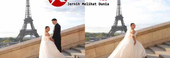 Prewedding Jennifer Coppen di Paris dengan gaun putih dan latar Menara Eiffel