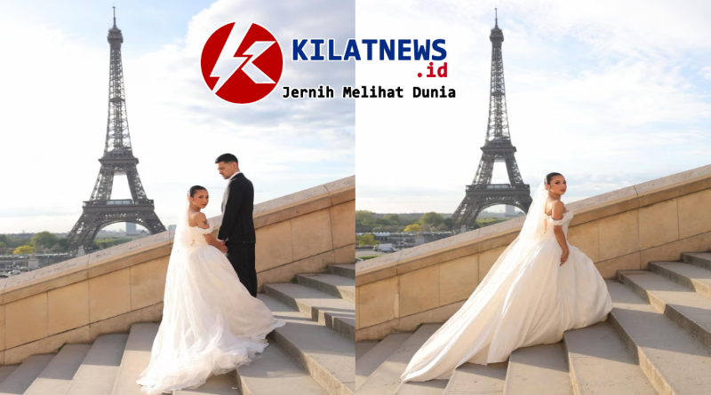 Prewedding Jennifer Coppen di Paris dengan gaun putih dan latar Menara Eiffel